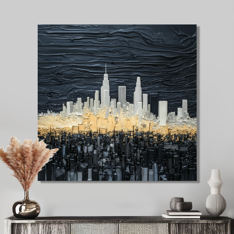 «White and Gold Los Angeles Cityscape», impression d'art mural blanc, H 30 po x l 30 po, Toile tendue, Ne s’applique pas