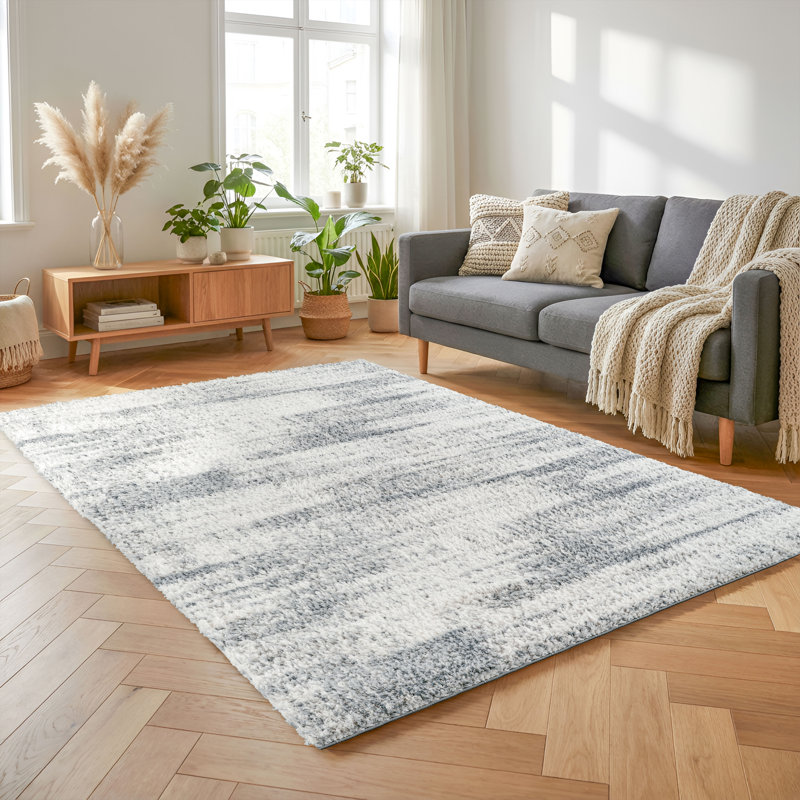 Haven Ivory & Blue Abstract Shag Modern Rug, Ivory/Blue, 12'0" x 15'2"