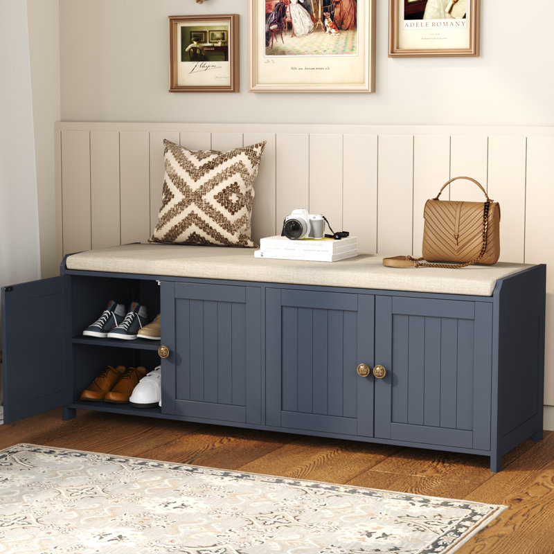 Linen Blend Upholstered Storage Bench, Blue