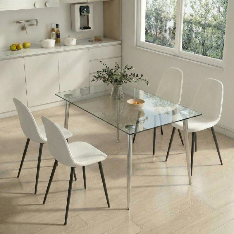 51 Inch Modern Minimalist Glass Dining Table For 4 To 6 With Tempered Glass Top And Steel Silver Legs, Silver