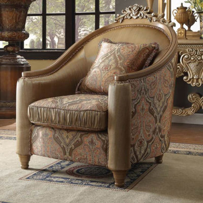 Fauteuil en chenille antique brun avec dossier sculpté à la main
