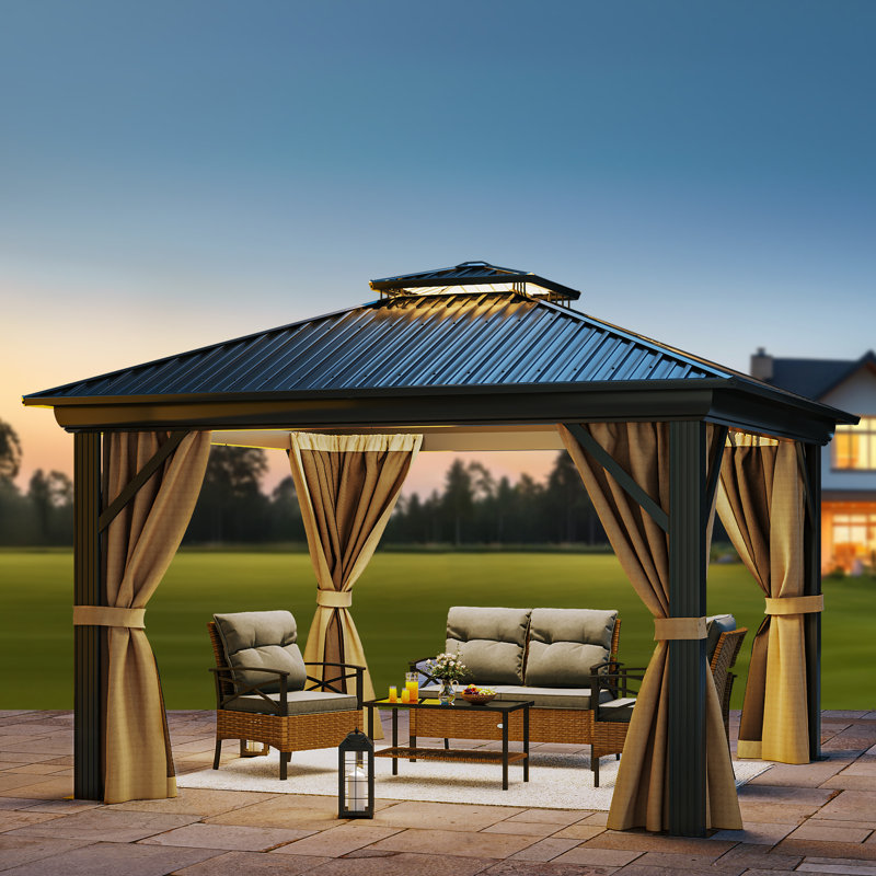 Pavillon de jardin en aluminium à toit double avec toit rigide, 12 pi x 12 pi, Brun