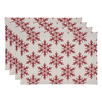 Red Festive Christmas Snowflake Cotton Placemats 14" W X 20" L, Set Of 4