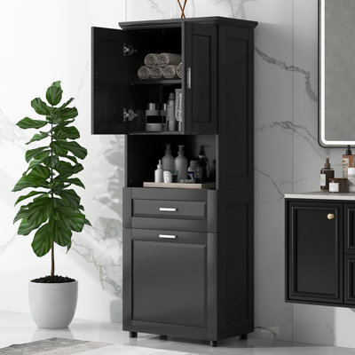 Tall Bathroom Cabinet With Laundry Basket, Large Storage Space Tilt-Out Hamper And Upper Cabinet In Black
