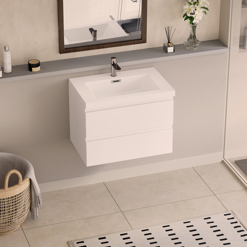 Meuble-lavabo mural 30 po avec lavabo, meuble-lavabo mural moderne avec lavabo en résine et tiroirs, White