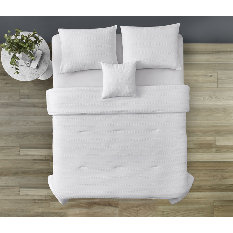Maran Waffle 4 Piece Comforter Set, Queen Comforter  + 2 Shams + 1 Throw Pillow, White