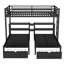 Lit double superposé double au-dessus de simple double avec tiroirs, tablettes et port USB, lit superposé en métal multifonctionnel, noir