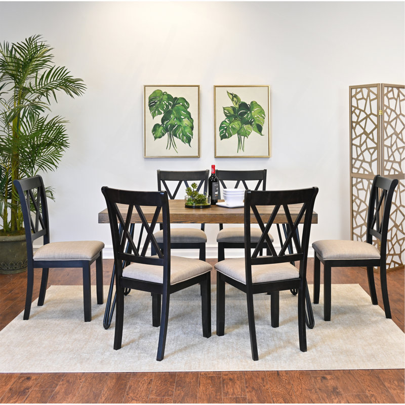 Ensemble de salle à manger 7 pièces, table à manger en épingle à cheveux avec 6 chaises à dossier croisé, noir riche
