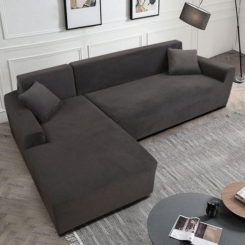 Thick Velvet L-Shaped Sofa Cover - Sectional Sofa Cover With 2 Throw Pillow Covers, Dark Grey