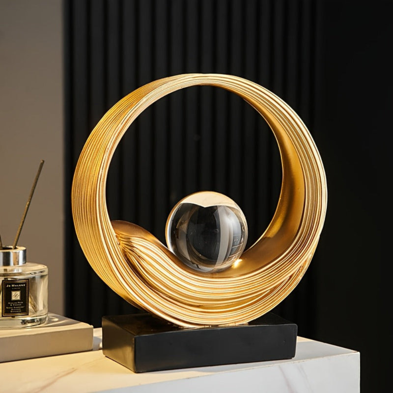 Modern Abstract Golden Circle Crystal Ball Sculpture