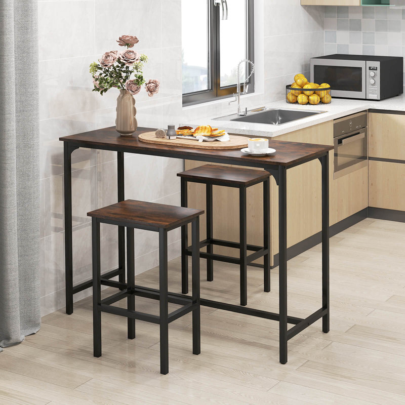 3 Pcs Counter Height Table Set With Footrests Rectangular Pub Table & Chairs, Brown, Brown