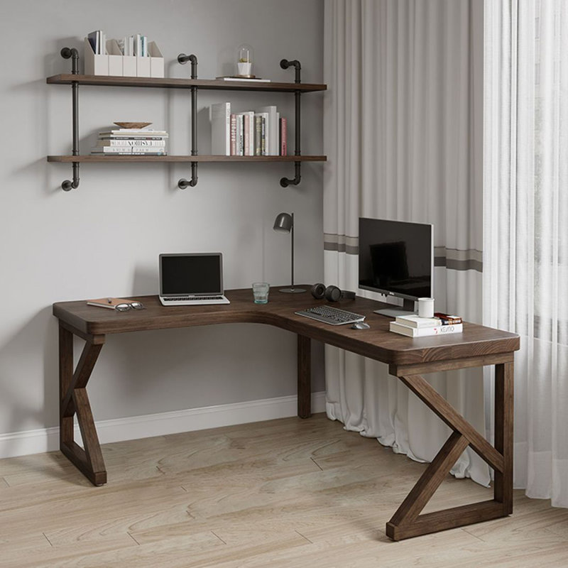 Nut-brown Rectangular Solid Wood Writing desk, Left Hand Return, 29.53" H x 86.61" W x 55.12" D