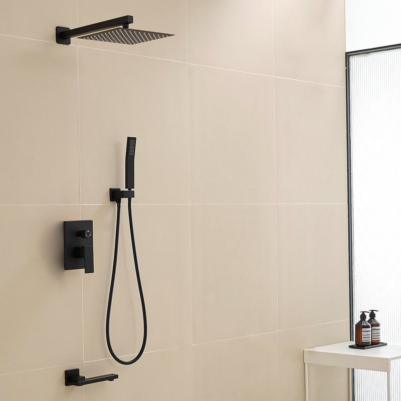 Robinet de douche mural noir mat avec pomme de pluie 10 po et salle de bain contemporaine de luxe 2 en 1, tête, fixation à main, style moderne, finition acier inoxydable