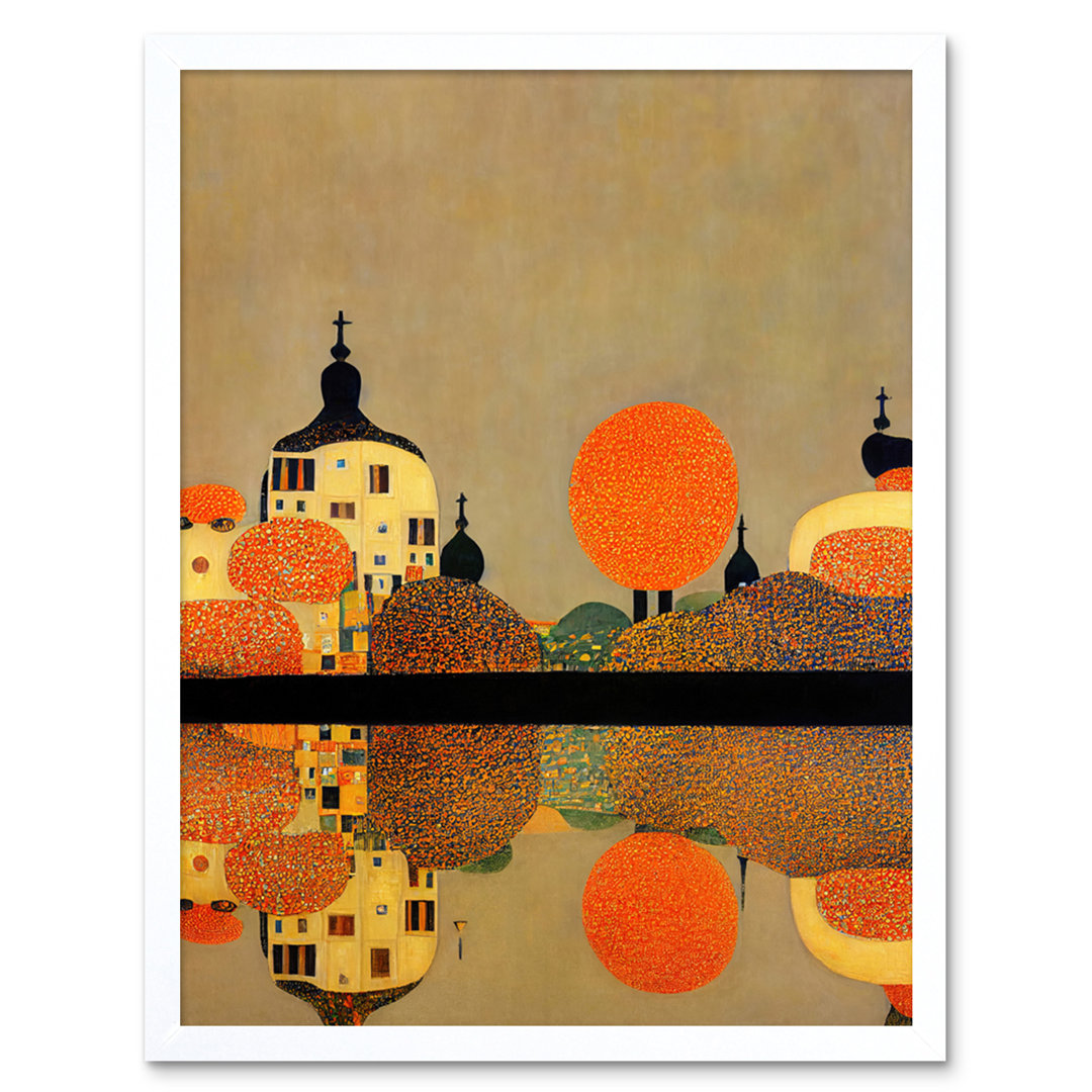 Klimt Style Autumn Lakeside Town Church - Print