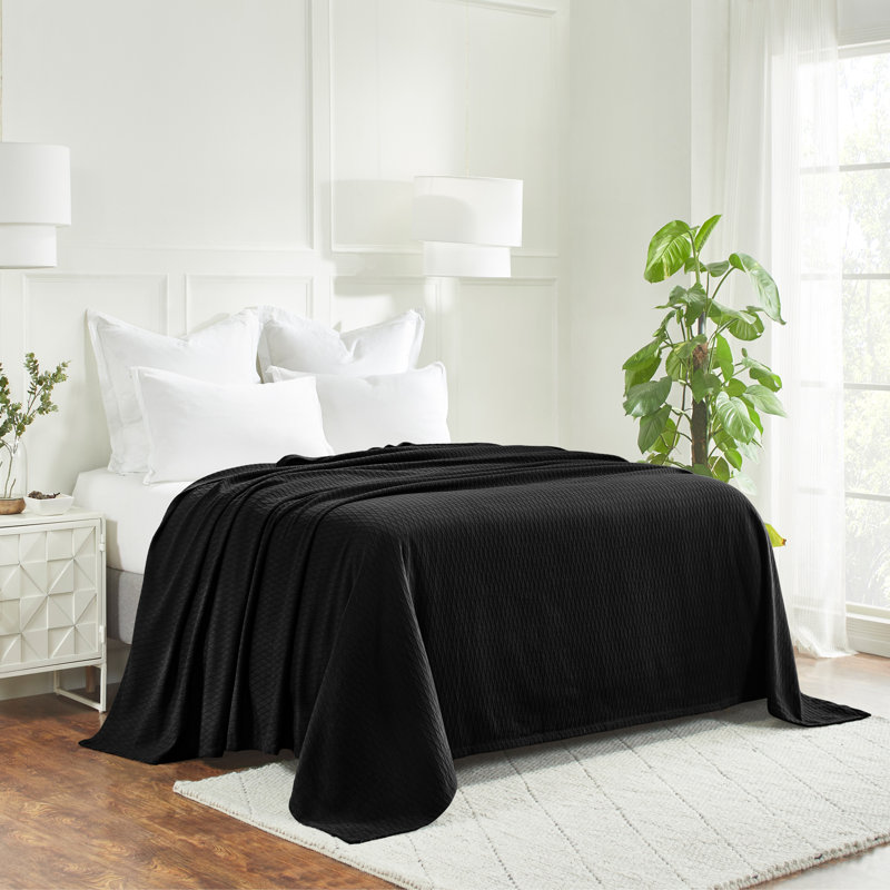 Jeté toutes saisons 100% coton Diamond Weave, Très grand lit, Noir