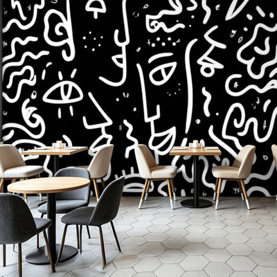Papier peint adhésif pelez et collez, dessin au trait abstrait, masques, formes géométriques, art mural répétitif, auto-adhésif et amovible