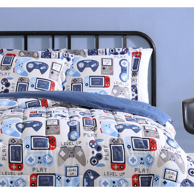 Gamer Blue and Gray Microfiber Full Comforter Set