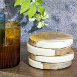 Laurie Gates White Marble And Mango Wood Round 4 Piece Coaster Set