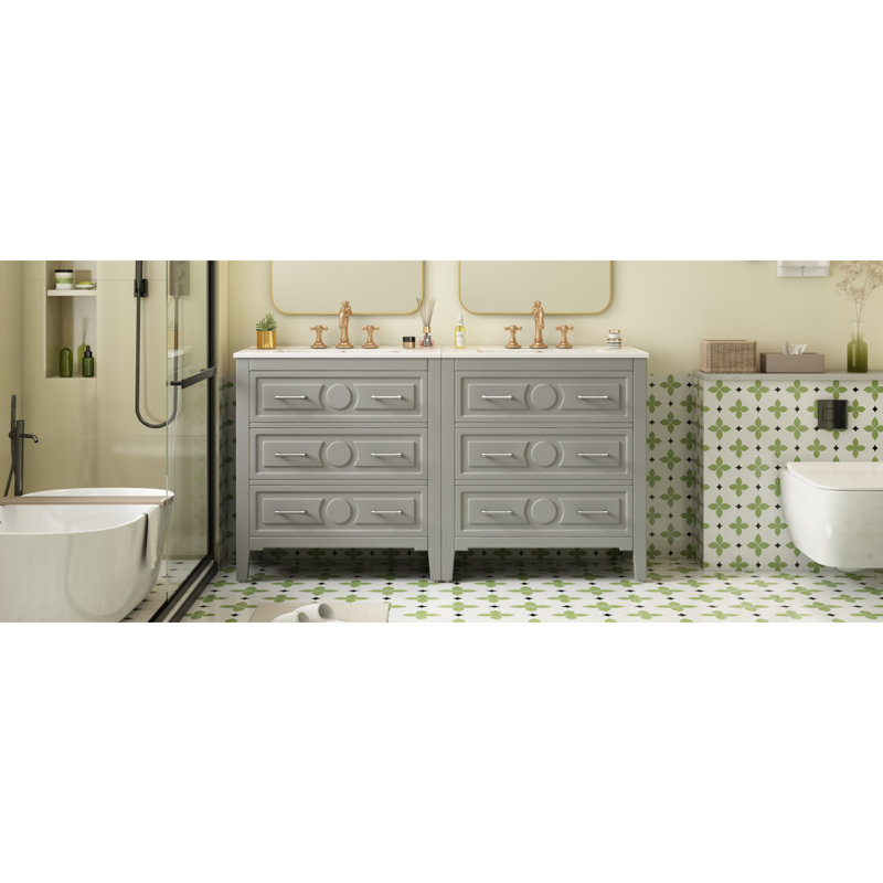 Functional Storage, Solid Wood & Ceramic Vanity, Retro Bathroom Elegance