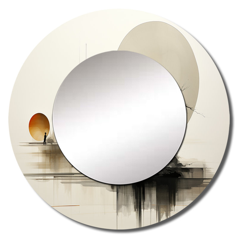 Asian Art Sumie Zen I - miroir mural art asiatique, miroir décoratif rond jaune, impression sur métal, 36 po x 36 po