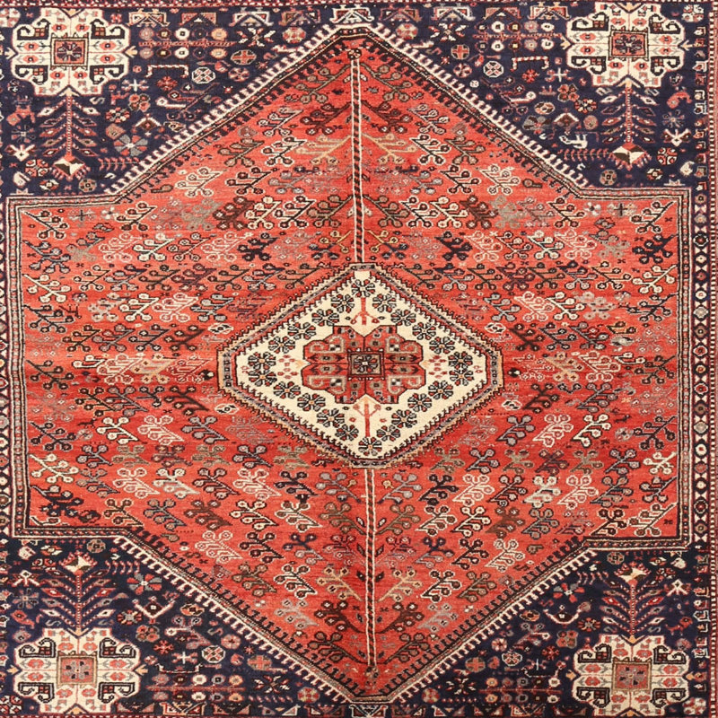 Tapis oriental orange / bleu marine / beige, Carré 8 pi