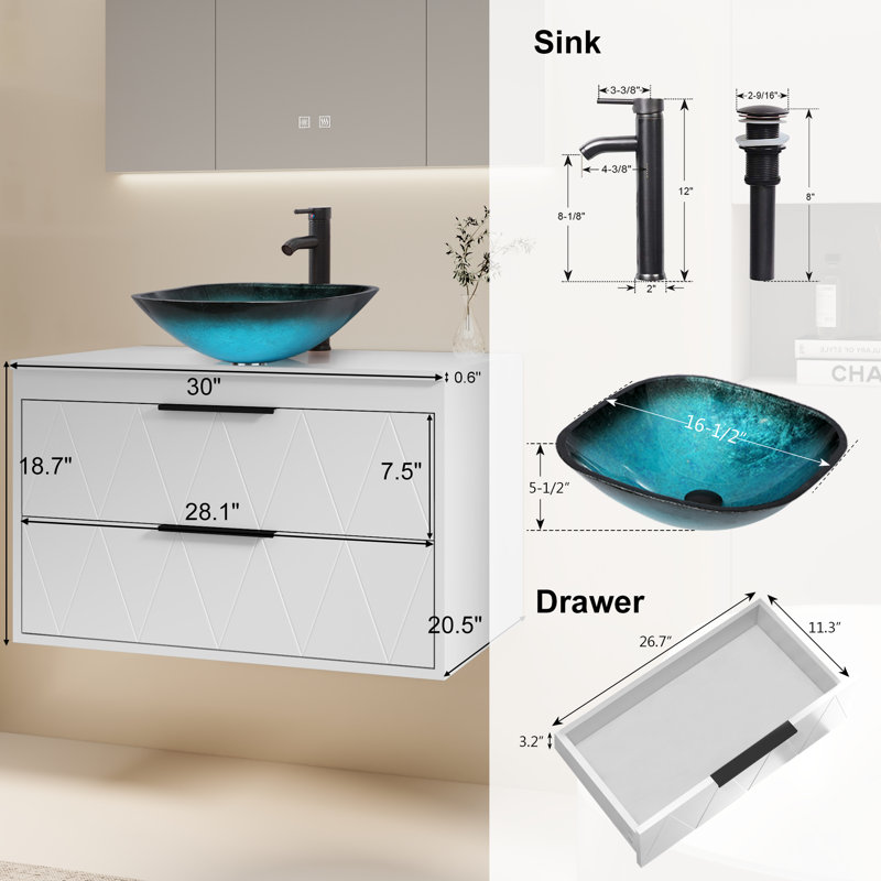 Meuble-lavabo mural avec lavabo vasque 30 po Sharee, Sarcelle, Blanc