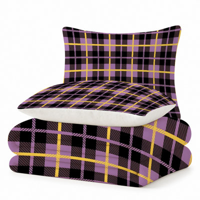 Premium Flannel Lightweight Blanket & 2 Pillow Shams Set with Purple & Yellow Geometric Plaid Grid, Ultra-Soft & Warm Cozy Bedding Set for All-Season, 60" x 80" Blanket + 2 Pillowcases Anti-Pilling & Machine Washable(Set of 3)