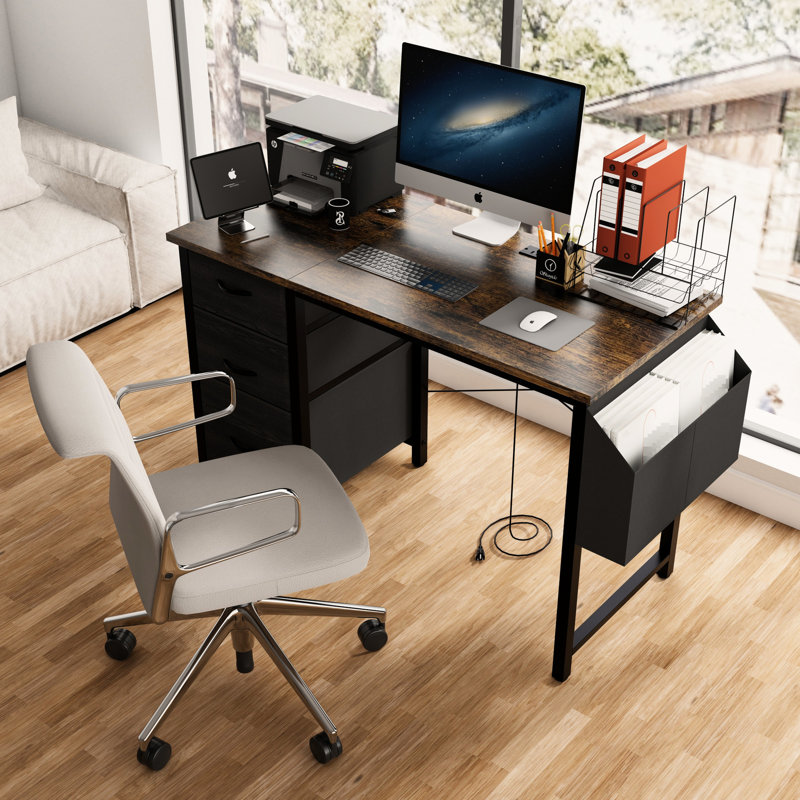 Bureau rectangulaire avec 3 tiroirs en tissu et poche latérale, prise de courant, réglage manuel brun rustique stable