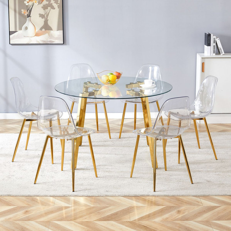 7-Piece Round Dining Table Set — Tempered Glass Top Dining Table And Chairs, 7 Pieces: Table, 6 Chairs
