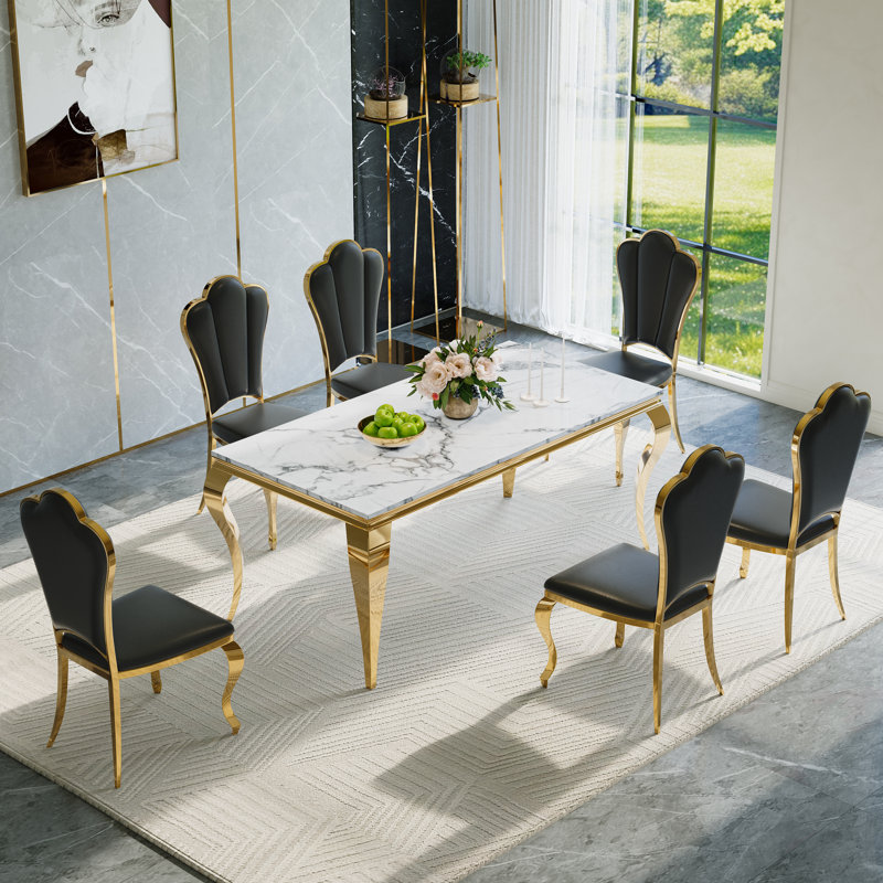 Ensemble de table de salle à manger moderne 7 pièces avec plateau en faux marbre et chaises rembourrées - Table rectangulaire pour 6 pieds en acier inoxydable
