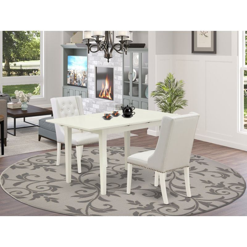 Finish Solid Wood Top with Butterfly Leaf Dining Table Set, Gray, Linen White, 3 Pieces