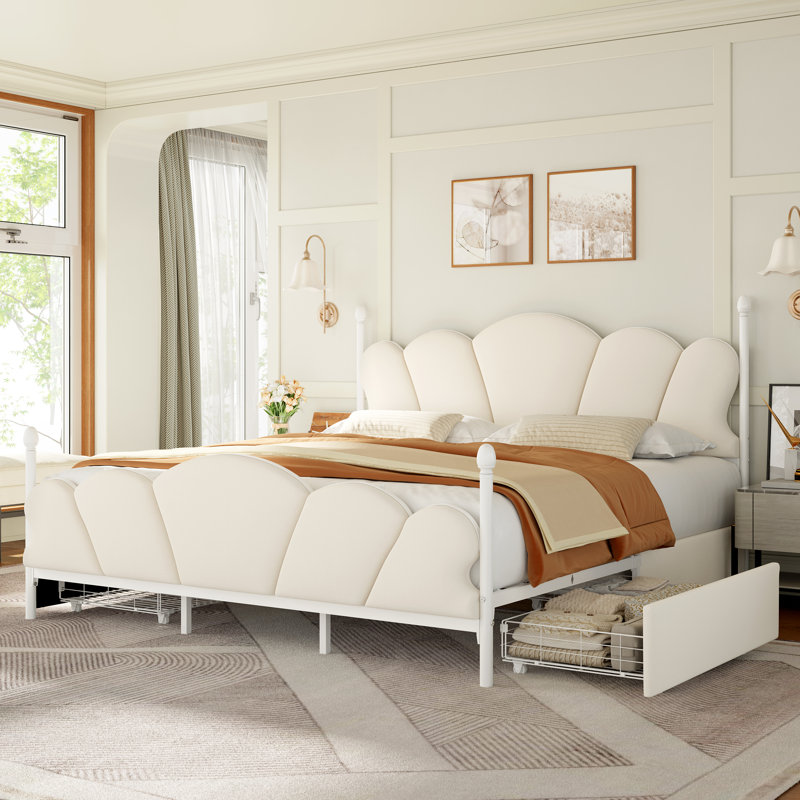 Lit de rangement tapissier avec tête de lit Flower, lit plateforme avec 4 tiroirs et tête de lit réglable, Double, Crème