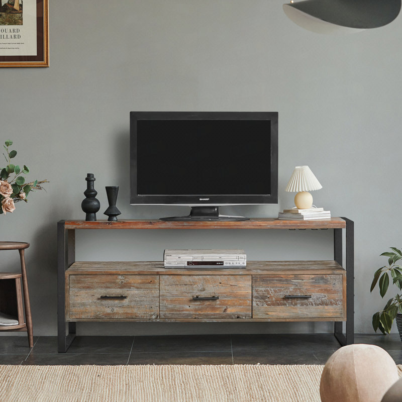 Meuble télé 60 po en bois récupéré avec 3 tiroirs et tablette ouverte