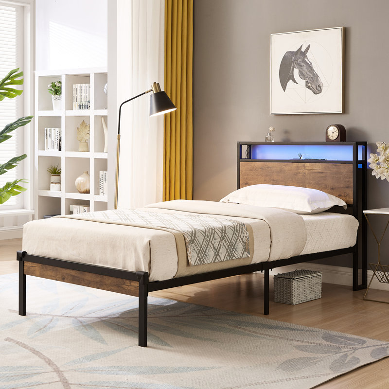 Cadre de lit simple avec éclairage à DEL, télécommande, tête de lit en bois, rangement, sans sommier, installation sans effort, lumières en métal modernes de 400 lb, assemblage,