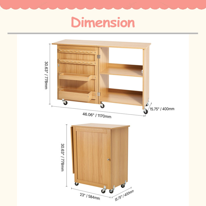 Table de couture pliante, table de machine à coudre polyvalente avec un design compact, roues, tablettes, plateaux de rangement, chevilles en bois et portes magnétiques, armoire de bureau de couture pour machine à coudre