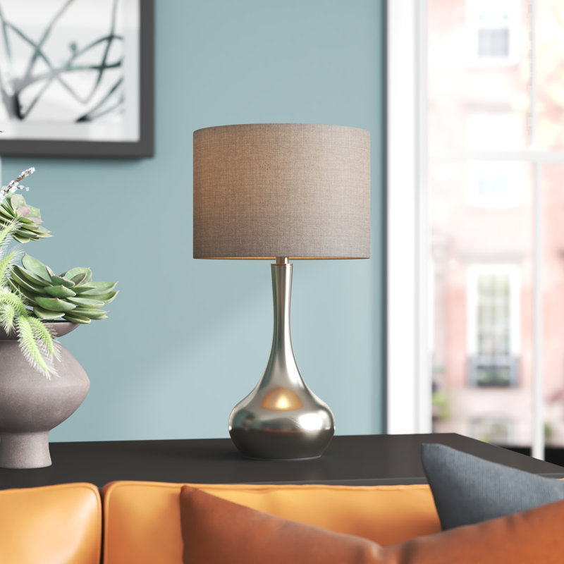 Teneyck Metal Table Lamp, Satin Nickel Base/Grey Shade