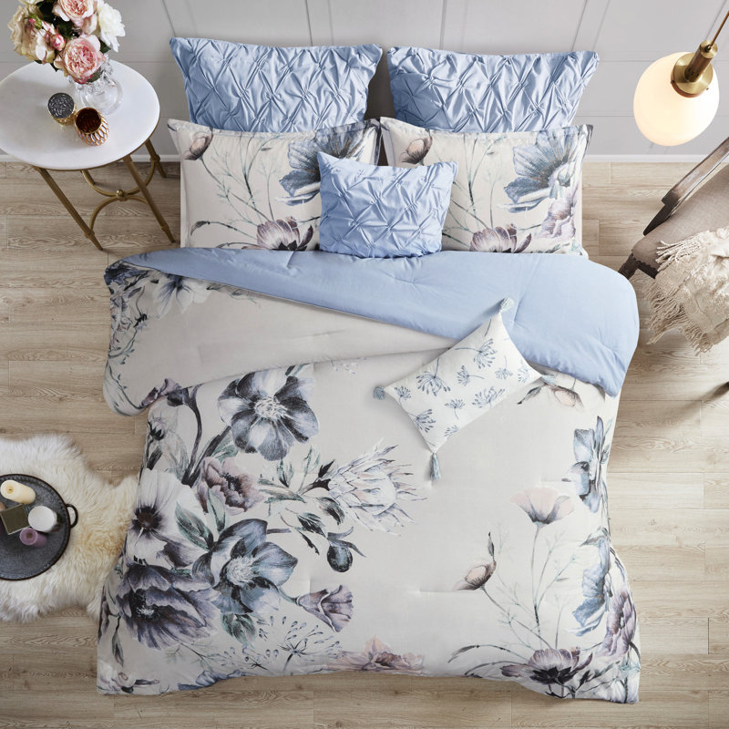 Édredon pour très grand lit - Détails de décoration de chambre en coton bleu 8 pièces