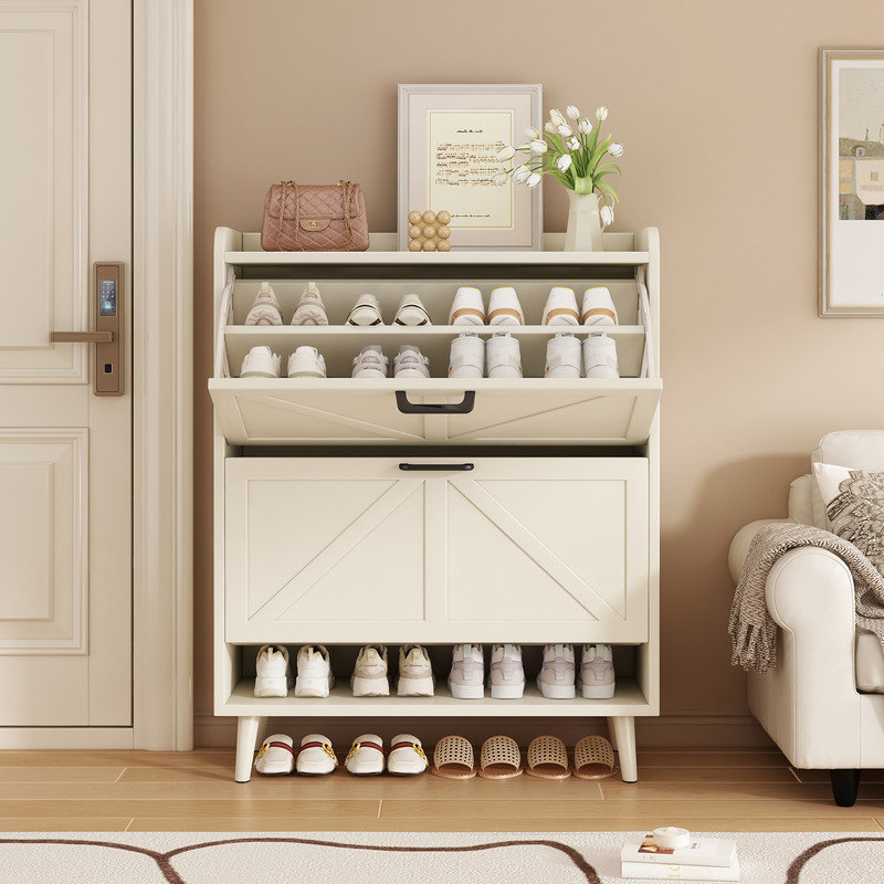 Rangement pour chaussures avec 2 tiroirs rabattables, rangement autoportant avec pieds en métal pour le vestibule, étagère à chaussures étroite, blanc