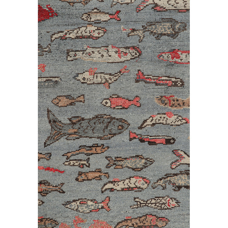 Rug & Kilim’S Mid-Century Style Rug In Blue With Colorful Fish Pictorials, Rectangle 9' x 12'