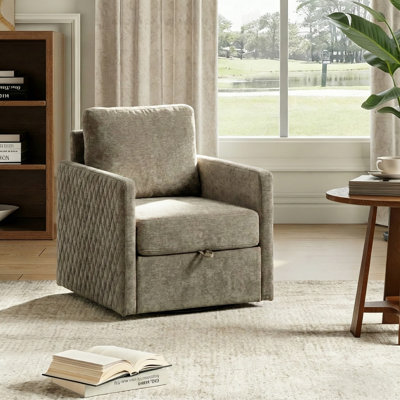 Fauteuil demi-tonneau pivotant capitonné en chenille avec rangement caché
