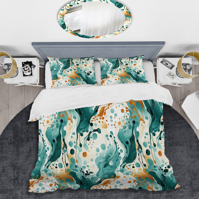 Ensemble de housse de couette Emerald And Cream Ink Splash, Housse de couette pour grand lit et 2 taies décor
