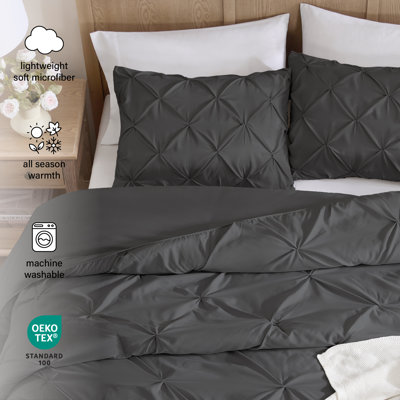 Ensemble de couette 3 pièces en microfibre à plis piqués Swift Home - Couleurs unies et motifs rayés - Toutes saisons, durable, facile d'entretien