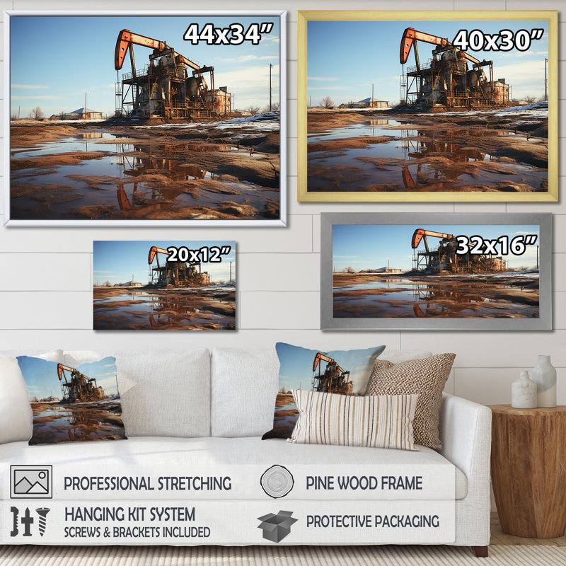 «Oill Drilling Rigs Field Winter Landscape», impression sur toile, H 34 po x l 44 po x P 1,5 po, Cadre doré simple