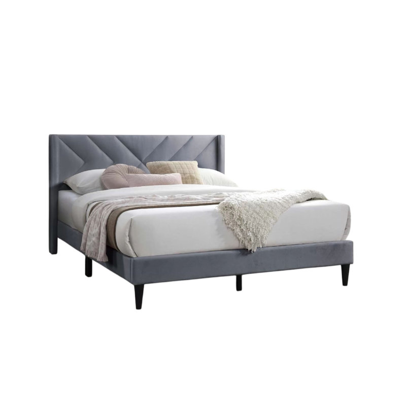 Lit double Niasa, velours capitonné en velours gris, Gris/noir