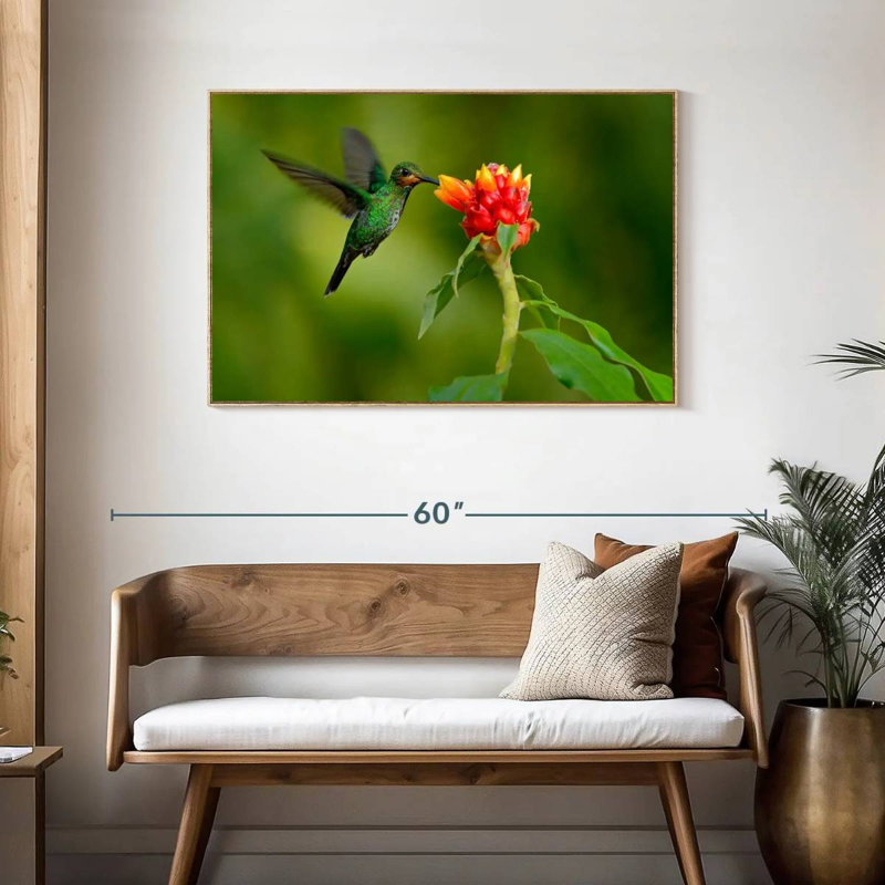 Fleur et colibri vert, Cadre flottant en bois naturel, 43 po x 29 po