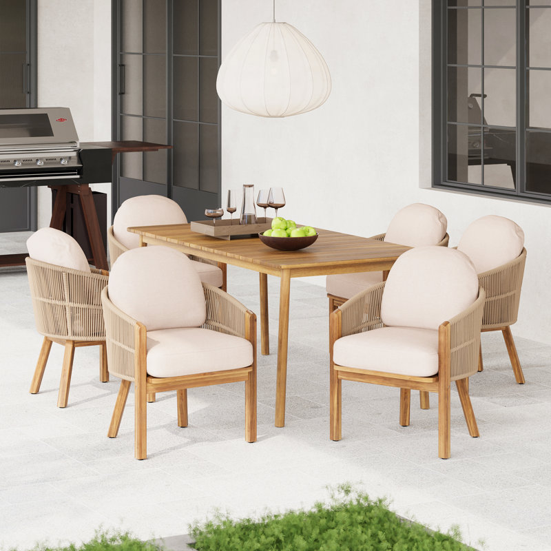 Ensemble de salle à manger d'extérieur pour patio 7 pièces (chaise de salle à manger en bois d'acacia 6 pièces et table de salle à manger en bois d'acacia 1 pièce), teck et beige