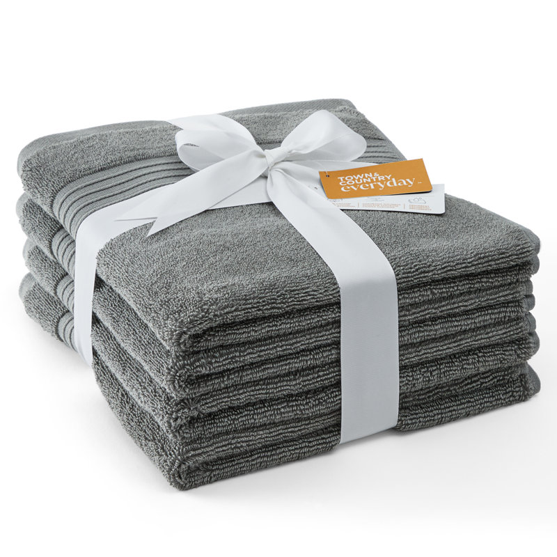 TOWN & COUNTRY EVERYDAY 4-Piece Solid Dobby Border Hand Towel Set, 20x30-Inch, 100% Cotton, Gray