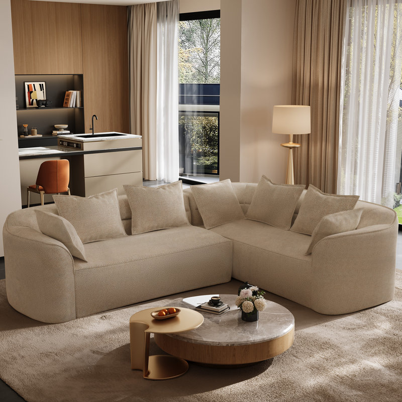 Boneless 111" Wide Upholstered Curved Sectional Sofa 2-Piece Modular Boneless Sectional Couch, Camel Chenille
