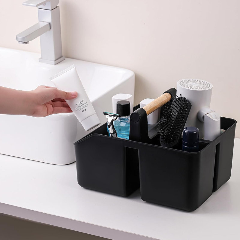 Panier de douche portable avec poignée en bambou, Noir
