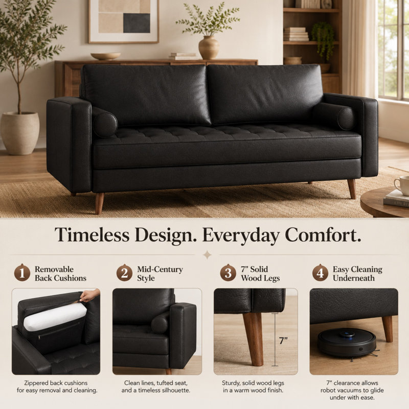 Canapé à accoudoirs carrés en cuir Bridgeview, Cuir végétalien noir, H 33 po x l 70 po x P 32 po